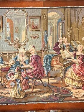 Vintage tapestry depicting an 18th century Rococo-style salon scene